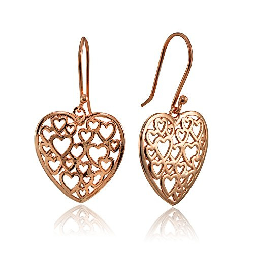 Rose Gold Flashed Sterling Silver Open Heart Filigree Dangle Earrings