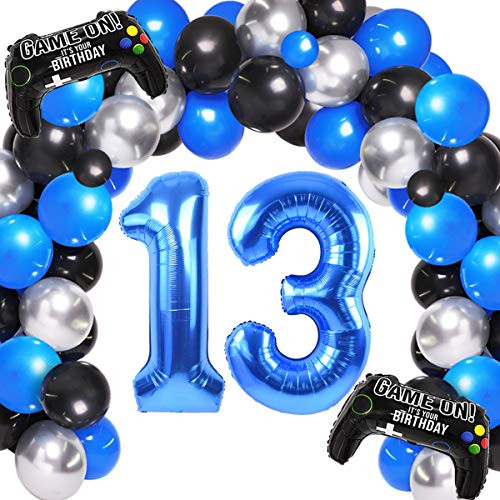 Video Game 13th Birthday Decorations for Boys Blue Gaming Birthday Party Supplies - Game on Balloon Garland Arch Kit 13, Level up Themed Birthday Decorations with Number 13 Game Controller Balloon