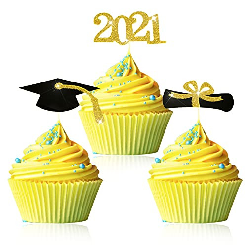 Kederwa 46pcs 2021 Graduation Cupcake Toppers Black Gold, Graduation Cupcake Picks Supplies For Graduation Cupcake Decoration Class of 2021