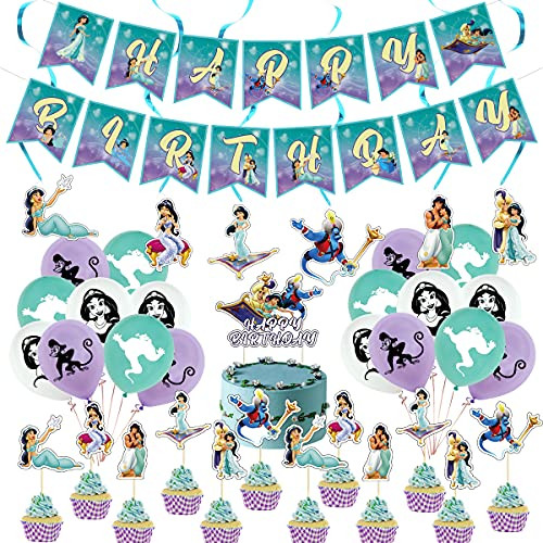 Aladdin Party Decorations Jasmine Aladdin Birthday Party Supplies,Decorations for Aladdin Includes Cake Topper Cupcake Toppers,Banner,Ballons,Swirls for Princess Birthday Arabian