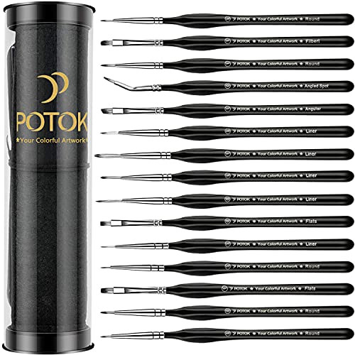 POTOK Fine Brush Set, 15PCS Tiny Professional Micro Miniature Painting Brushes Kit with Ergonomic Handle for Acrylic, Oils, Watercolors