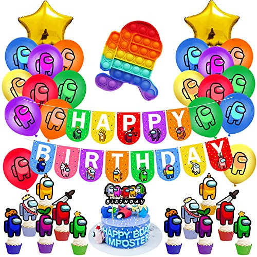 Among Us Birthday Decorations, Among Us Birthday Party Supplies Video Game Party Favors Include Cake Cupcake Toppers, Happy Birthday Banner, Balloons, Among Us Rainbow Toy for Boys Kids