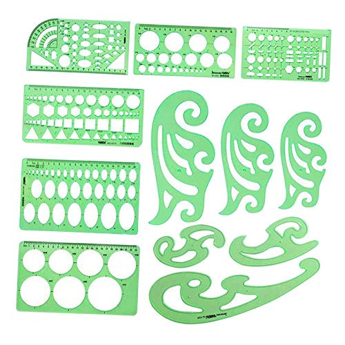 F Fityle 12Pcs Geometric Drawing Template Measuring Ruler, Transparent Green Plastic Ruler Tools for Studying, Drafting Designing and Building