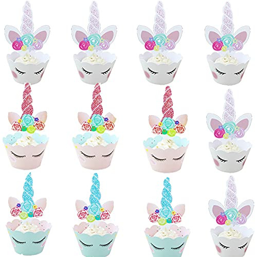 12PCS Unicorn Cupcake Toppers and Wrappers?Birthday Party Supplies ?Unicorn Cake Decoration and Baby Shower