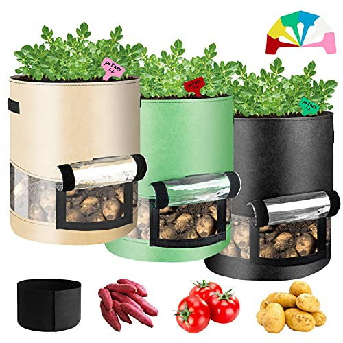 3 Pack 10 Gallon Grow Bags, Potato Grow Bags Heavy Duty Breathable Thickened Nonwoven Fabric Grow Pots with Flap Handles, Harvest Window, 6Pcs Plant Labels for Tomato Vegetables and Fruits 3 Pack 10 Gallon Grow Bags, Potato Grow Bags Heavy Duty Breathable Thickened Nonwoven Fabric Grow Pots with Flap Handles, Harvest Window, 6Pcs Plant Labels for Tomato Vegetables and Fruits