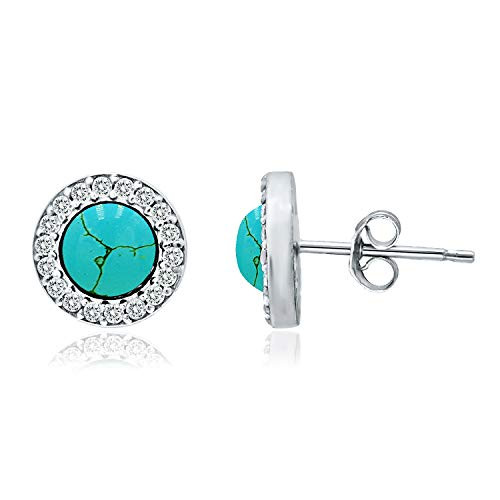 925 Sterling Silver 6mm Round-Cut Simulated Turquoise Gemstone Halo Stud Earrings for Women 925 Sterling Silver 6mm Round-Cut Simulated Turquoise Gemstone Halo Stud Earrings for Women