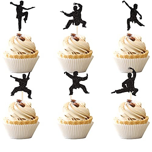 24 PCS Martial Arts Cupcake Toppers Black Glitter Karate Taekwondo Cupcake Picks Kung Fu Theme Baby Shower Birthday Party Cake Decorations Supplies