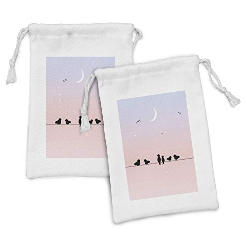 Ambesonne Bird on a Wire Fabric Pouch Set of 2, Silhouettes of Moon in a Pastel Tone Ombre Effect Twilight, Small Drawstring Bag for Toiletries Masks and Favors, 9" x 6", Blush Pale Ceil Blue