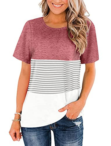 NSQTBA Womens Tshirts Striped T-Shirts Summer Tops Short Sleeve Round Neck S