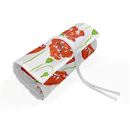 Ambesonne Anemone Flower Roll Up Pencil Holder, Doodle Style Poppy Anemone Field in Full Blossom May Flowers, Painting Drawing Pencils Case for Artists Students, 36 Loops, Orange White Lime Green
