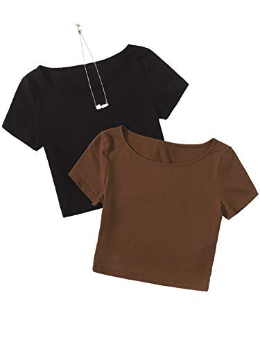 Floerns Women's 2 Pcs Basic Short Sleeve Round Neck Causal Crop Tops Tee Shirts Black Brown S