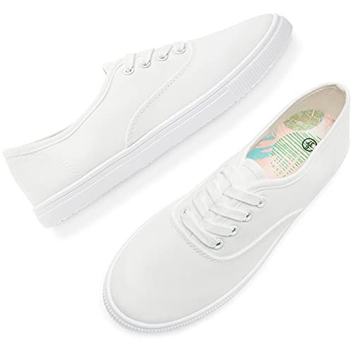 Women's Slip on Sneakers White Canvas Shoes Lightweight Floral Sneakers Low Top Casual Flats Shoes Fashion Sneakers-White.US9-