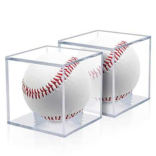 BZLife Baseball Display Case 2 Pack, UV Protected Acrylic Cube Clear and Square Baseball Display Holder Memorabilia Display Box for Official Size Baseball