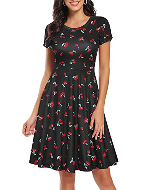 HUHOT Skater Dress Cherry Dress Spring Dress for Women 2021 Summer Casual Women Short Sleeve Round Neck Summer Flared Midi Skater Dress
