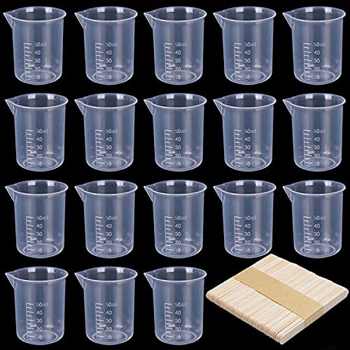 20 Pcs Epoxy Mixing Cups, 50ml/1.7oz Plastic Graduated Cup Clear Measuring Cup with 50 Pcs Wooden Stirring Sticks for Mixing Paint, Stain, Epoxy, Resin