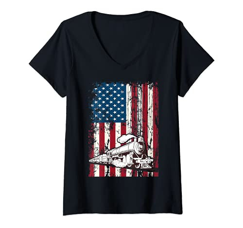 Womens Train Locomotive Engine USA American Flag 4th of July V-Neck T-Shirt Womens Train Locomotive Engine USA American Flag 4th of July V-Neck T-Shirt