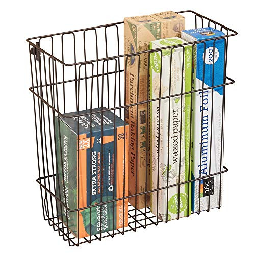 mDesign Metal Wire Wall Mount Kitchen Storage Organizer Basket/Trash Can for Cabinet and Pantry Doors - Holds Bags, Tin Foil, Wax Paper, Saran Wrap - Solid Steel - Bronze