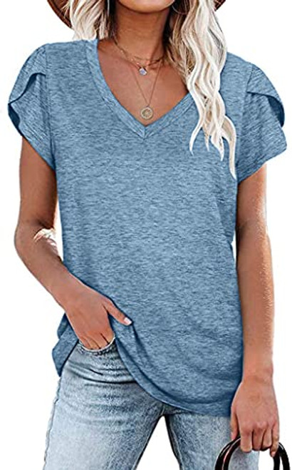 NANYUAYA Womens Petal Sleeve Tops V Neck Short Sleeve Shirts Summer Casual Loose Solid Color Basic Tunic Tshirt Light Blue