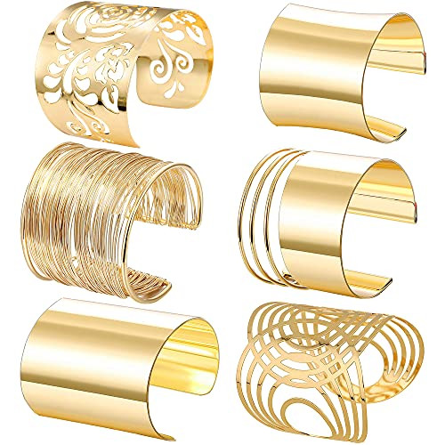 RIOSO 6Pcs Gold Cuff Bracelets for Women Open Wide Wire Chunky Bangle Bracelets Gold Wrist Cuffs Wrap Bracelet