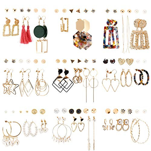 Earrings Set for Women Girls, 53 Pairs Fashion Tassel Earrings Acrylic Hoop Stud Drop Dangle Earrings Leather Leaf Earrings for Birthday Party ValentineGift, Assorted Styles and Colors