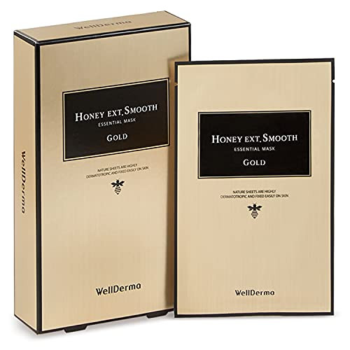 Anti-Aging and Radiance Mask Sheet with 24K Gold Powder and Honey, For Tired and Dull Skin, Nourishing and Moisturizing, Soft Tencel Sheet - WELLDERMA Honey Gold Smooth Essential Mask 10 Sheets