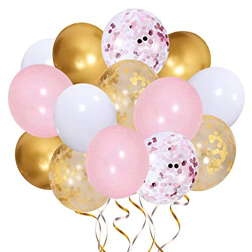 Kalyerparty Pink and Gold Balloons-50pcs 12 inch Rose Confetti Balloons and Matte withe Balloon- Gold Confetti Latex Balloons for Birthday Wedding Baby Shower Celebration Graduation Party Balloons