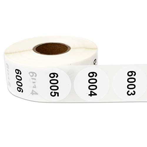 1 Roll - Consecutive Number 6001 to 7000 Labels for Inventory Counting Warehouse Quality Control 1" Round White - 1000 Labels