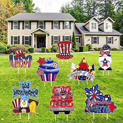 Jetec 8 Pieces 4th of July Yard Signs Independence Day Patriotic Gnome Outdoor Decoration with Stakes Waterproof Corrugated Lawn Signs Memorial Day Independence Day Party Supplies