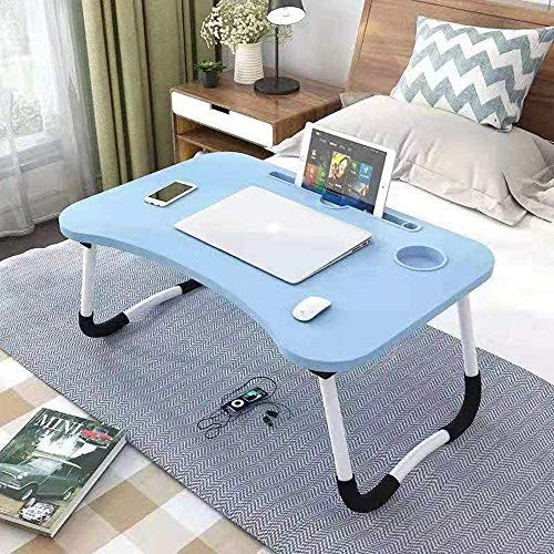 Lap Desktop for laptop, Foldable Breakfast Serving Bed Table Tray - Lap Desk w/ Cup Holder, Laptop Lap Desk with Slot Tablet, Lap Table for Bed, Writing Desk, Drawing Table for Floor  and  Bed - BLUE