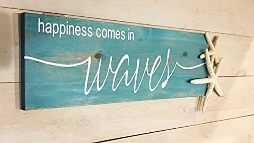 Happiness Comes in Waves Sign Beach Sign Decor Cottage Wooden Speacial Art Funny Hanging Signs Inspiring Rustic Wood Wall Decoration 8" x 12"