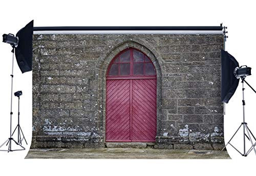 Wofawofa Rural Old Church Arch Door Backdrop 7X5FT Vinyl Weathered Brick Wallpaper Backdrops Shabby Red Wood Door Grunge Floor Photography Background for Personal Portraits Photo Studio Props EB32