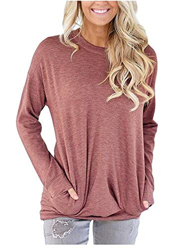 onlypuff Solid Color Shirts for Women Red Long Sleeve Tunic Top Pocket T Shirt Blouse S