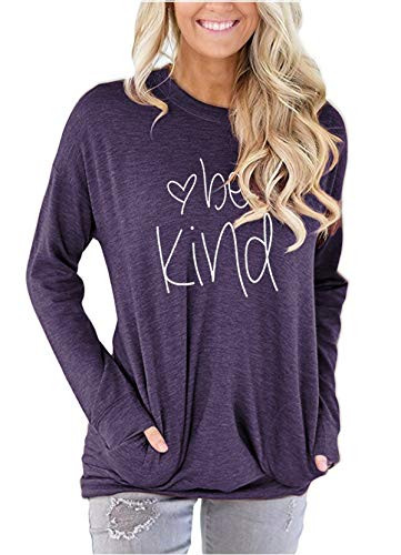 Kindness Shirts for Women Casual Loose Tops Pocket T Shirt Purple Long Sleeve Tunic L