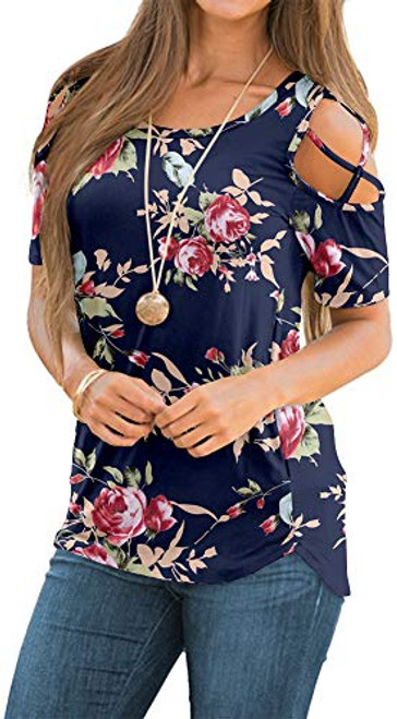 NILOUFO Womens Summer T Shirts Short Sleeve Tunic Strappy Cold Shoulder Tops-01-Rose Navy Blue, Large- NILOUFO Womens Summer T Shirts Short Sleeve Tunic Strappy Cold Shoulder Tops-01-Rose Navy Blue, Large-