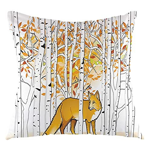 GULTMEE Hunting Throw Pillow Cushion Cover, Fox Hunting in Autumn Forest Birch Trees Rustic Life Wilderness Animal,Decorative Square Accent Pillow Case?18"x18",Orange White Black