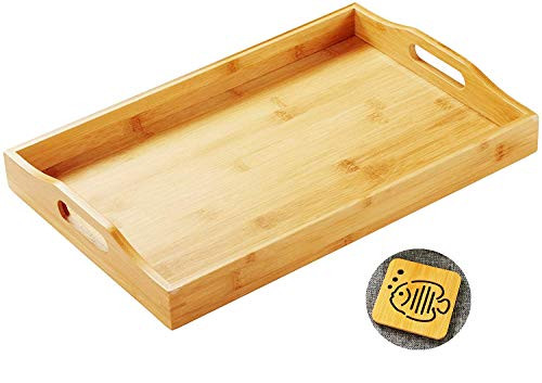 Rectangle Bamboo Serving Tray with Handle Serving Tray Bamboo Tray with Handles Great for Breakfast Trays Tea Tray Or Any Food Tray Good for Parties or Bed Tray with 4 Pcs Coasters