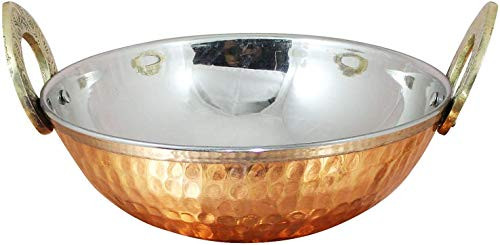 Ukal Indian Copper Serveware Karahi Vegetable Dinner Bowl with Solid Brass Handle for Indian Food, Diameter- 13 Cm -5.2 Inch- Ukal Indian Copper Serveware Karahi Vegetable Dinner Bowl with Solid Brass Handle for Indian Food, Diameter- 13 Cm -5.2 Inch-
