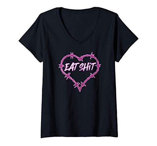 Womens Eat Shit Barbed Wire Heart Retro Funny V-Neck T-Shirt