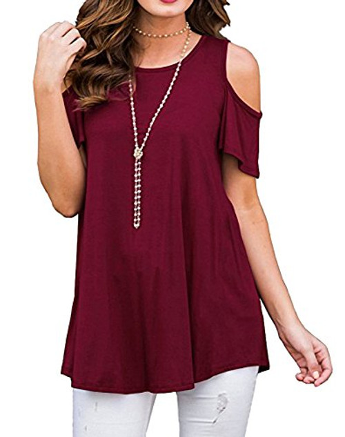 Afibi Women's Casual Short Sleeve Cold Shoulder Tunic Tops Loose Blouse Shirts -X-Large, A-Burgandy- Afibi Women's Casual Short Sleeve Cold Shoulder Tunic Tops Loose Blouse Shirts -X-Large, A-Burgandy-