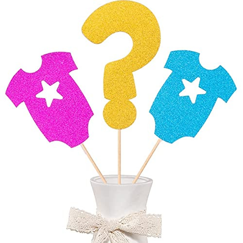 12-Pack Glitter Gold Double Sided Baby Shower Centerpiece Sticks-Gender Reveal Baby Shower Party Decorations-Question Mark Gender Reveal Themed Baby Shower Table Toppers