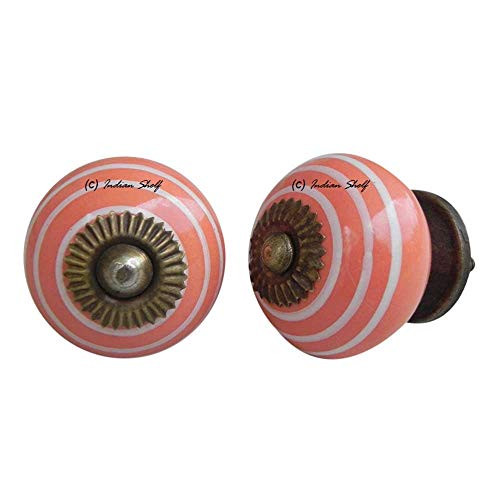 IndianShelf Handmade Ceramic Stripe Dresser Knobs Drawer Cabinet Door Kitchen Wardrobe Pulls Handles -3.81 cm, Peach, 2 Piece-