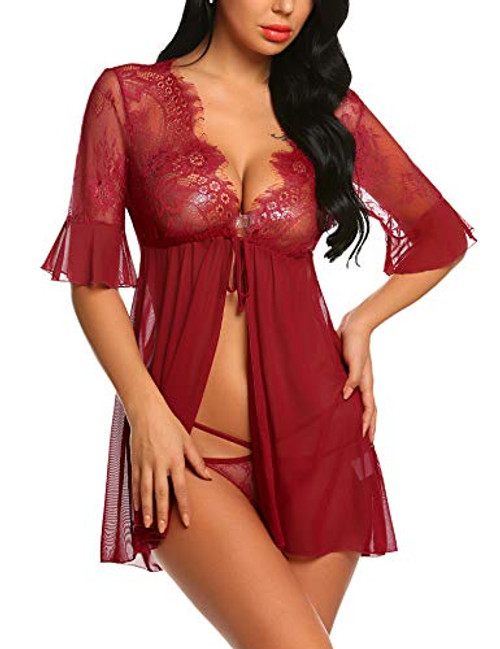 Avidlove sexy sleepwear Women Lingerie Open Front Babydoll Lace Chemise Sleepwear Sheer Mesh Robe Wine Red M Avidlove sexy sleepwear Women Lingerie Open Front Babydoll Lace Chemise Sleepwear Sheer Mesh Robe Wine Red M