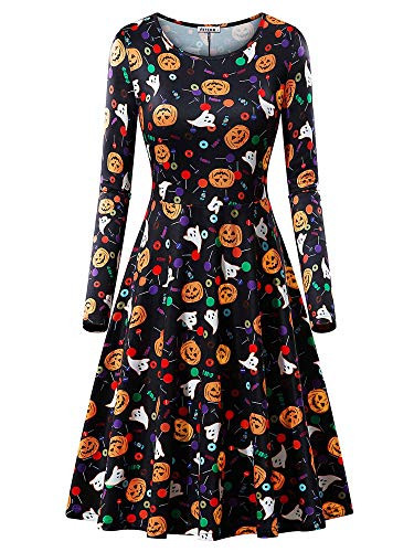 VETIOR Womens Halloween Long Sleeve Round Neck Casual Printed Flared Party Dress -Large, Black-2-