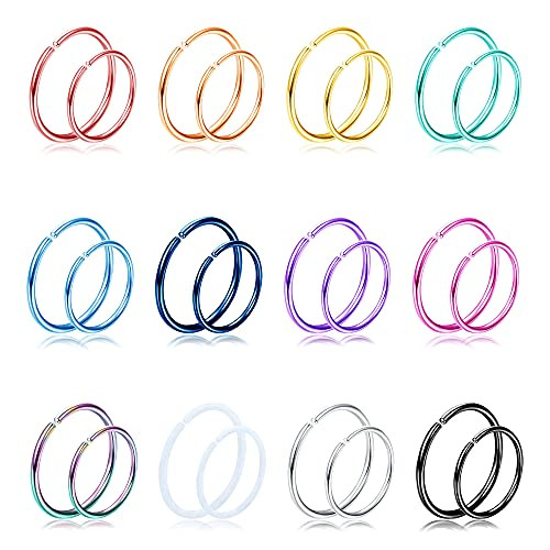 UBGICIG 24PCS 20G 316L Stainless Steel Nose Rings Hoop Tragus Cartilage Helix Piercing Lip Septum Ring 8mm 10mm