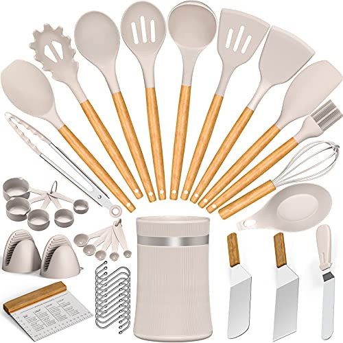 39pcs Silicone Cooking Utensils Kitchen Utensil, AIKKIL Non-stick Kitchen Cooking Utensil Spatula Set with Holder, Heat Resistant Wooden Handle Kitchen Gadgets Tool Set for Nonstick Cookware-Khaki-