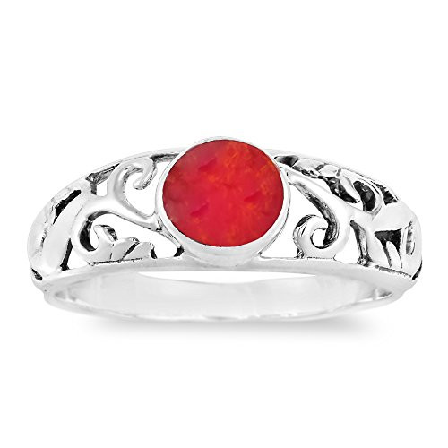 AeraVida Intricate Lace Swirl Vines Round Reconstructed Red Coral .925 Sterling Silver Ring -9- AeraVida Intricate Lace Swirl Vines Round Reconstructed Red Coral .925 Sterling Silver Ring -9-