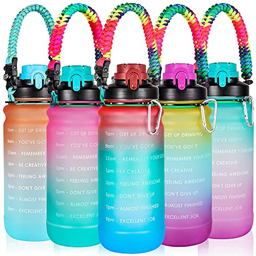 AMITER Tritan Leakproof Big Water Bottles with Times to Drink, Large Half Gallon Water Bottle with Straw, Motivational Time Marker and Handle, BPA Free Sports 64oz Gallon Water Jug -Included Bottle Brush-