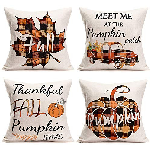 Easternproject Set of 4 Fall Decor Thanksgiving Farmhouse Decorative Pillow Covers Pumpkin Leaves Autumn Harvest Buffalo Plaid Throw Pillow Cases 18x18 Blessed Cushion Cover Cotton Linen, Orange