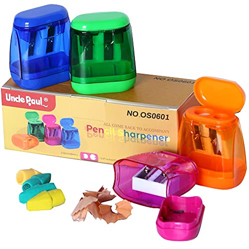 4 Pcs Manual Pencil Sharpeners Double Hole with Cover Portable Pencil Sharpener for Kids Students School Home Office Supply with 4 Pcs Erasers OS0601