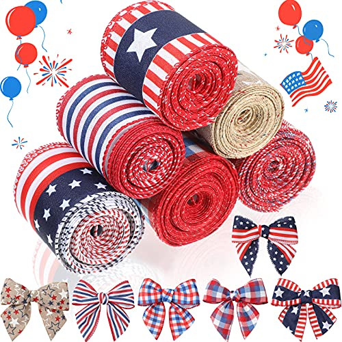 6 Rolls Independence Day Ribbon 2.5 Inch Wired Edge Patriotic Ribbon Fine Linen Ribbon Stars Plaid and Stripes Craft Ribbon for Memorial Day, Veterans Day, 4th of July, President's Day, 5 Yards Each